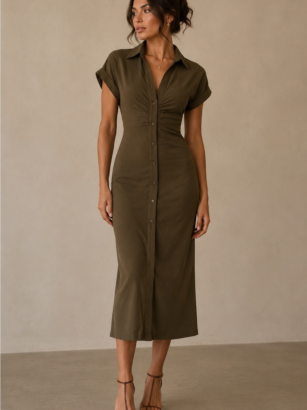 Zara Brown Button-Front Midi Shirt Dress